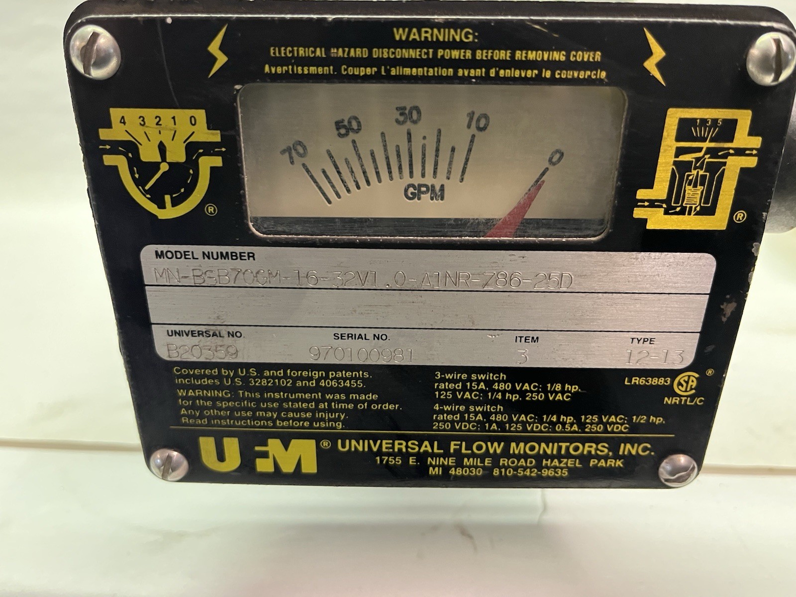 UNIVERSAL FLOW MONITORS,MN-BSB70GM-16-32V1.0-A1NR-Z86-25D,FLOW METER 2.5"