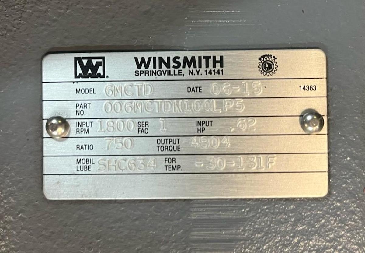 Used WINSMITH,6MCTD,GEAR SPEED REDUCER RATIO 750 INPUT .62HP 1800RPM