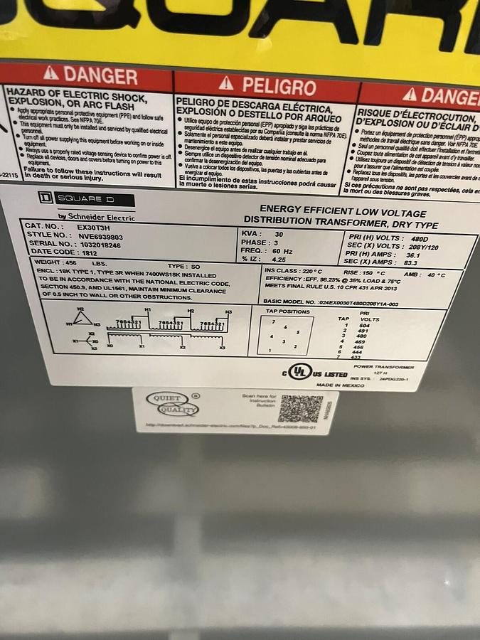 Used SQUARE D,EX30T3H,TRANSFORMER 3OKVA 3PH PRI 480D SEC 208Y/120