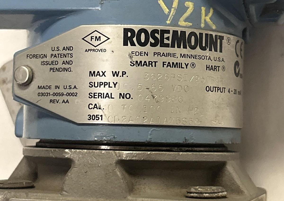 Used ROSEMOUNT,3051CD2A02A1AM5S5,PRESSURE TRANSMITTER