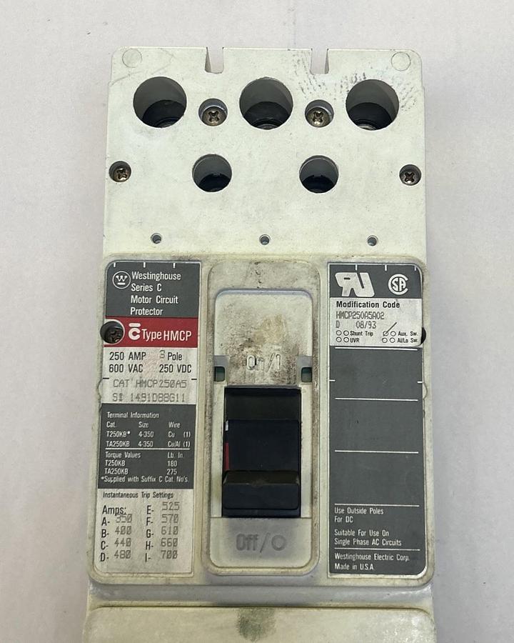 Used WESTINGHOUSE,HMCP250A5,CIRCUIT BREAKER 250A 600V 3P