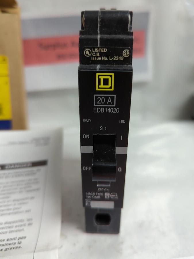 SQUARE D,EDB14020,CIRCUIT BREAKER 1-POLE 20A 277V 50/60HZ NOS