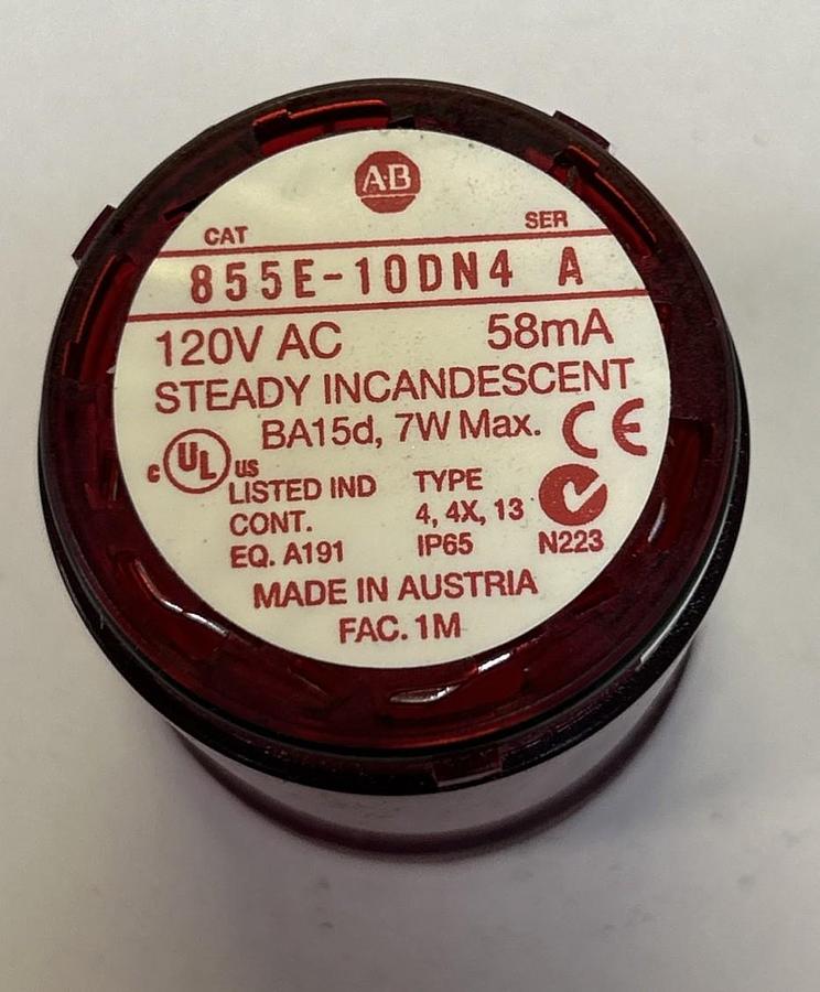 Used ALLEN BRADLEY,855E-10DN4,RED STEADY INCANDESCENT STACK LIGHT W/ 855E-LL24R LAMP
