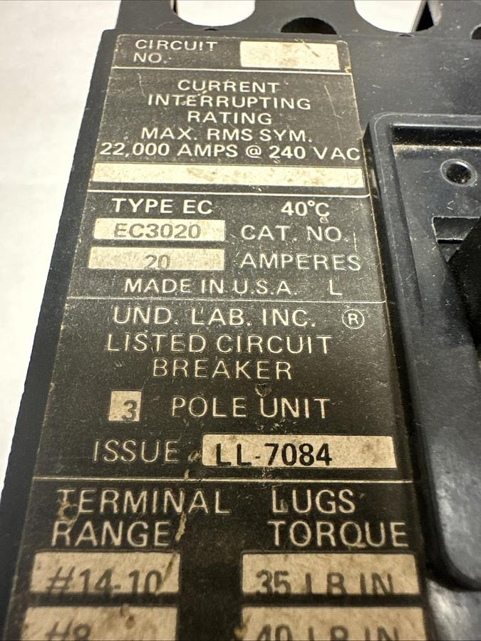 Used Cutler-Hammer,EC3020,20 Amp 3 Pole Circuit Breaker