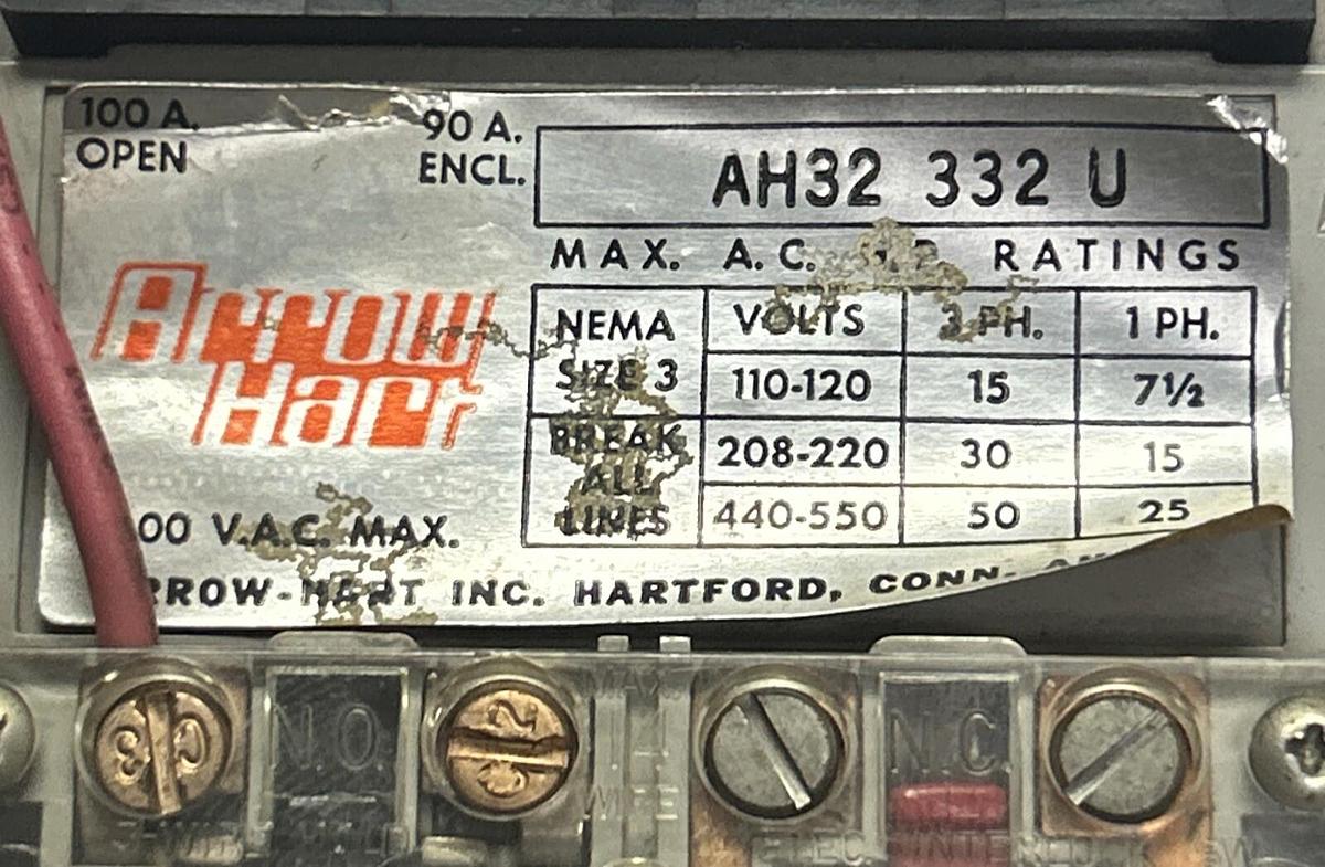Used ARROW HART,AH32-332-U-20,SIZE 3 STARTER 50A 600V
