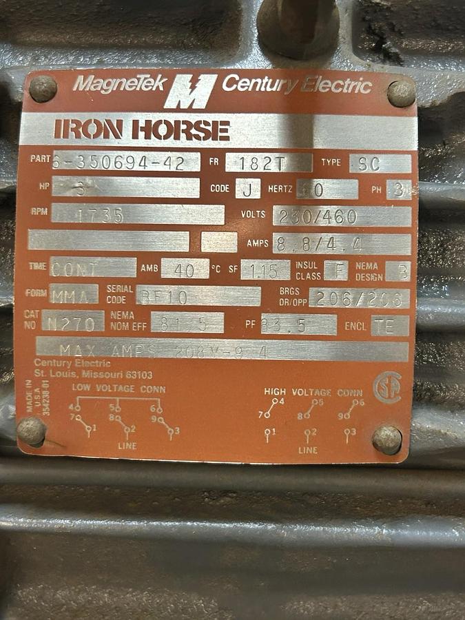 Used MAGNETEK,6-350694-42,MOTOR 3HP 230/460V 1735RPM 3PH 182T FRAME