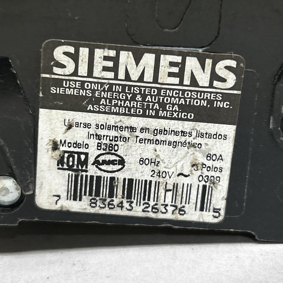 Used SIEMENS,B360,CIRCUIT BREAKER 60A 240V 3P