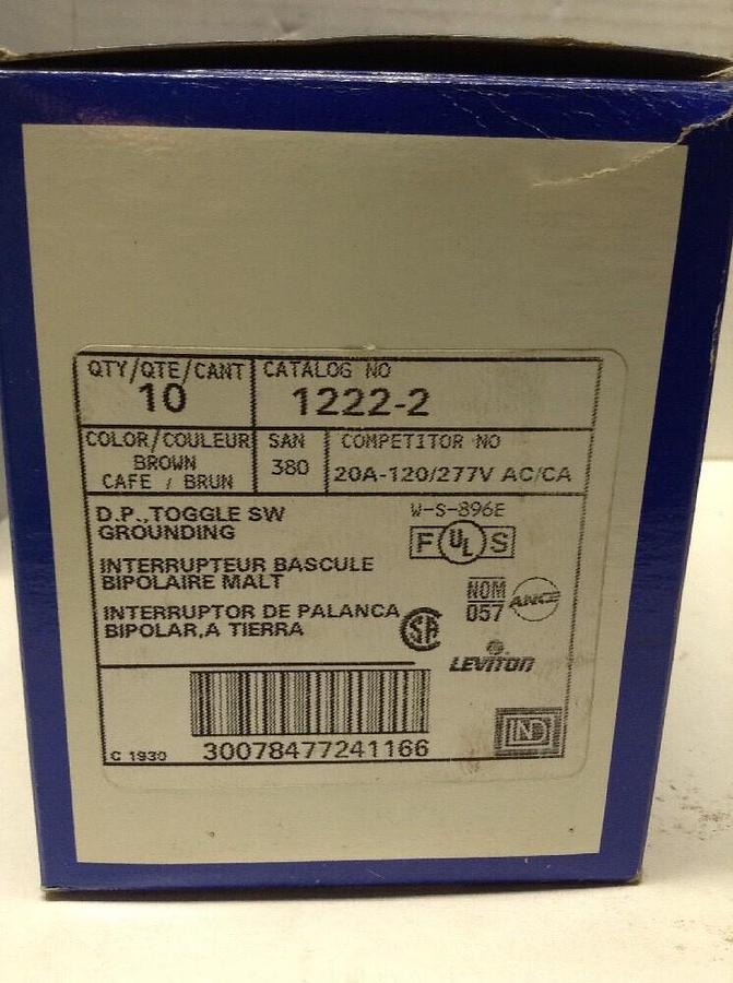 Leviton Industrial,1221-2 SP,Toggle Switch Grounding Box of 10 SAN 380