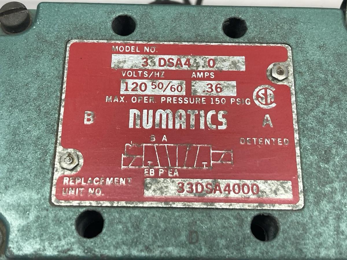 Used Numatic,33DSA4410,Solenoid Valve 120V 50/60Hz 0.36A 150PSIG
