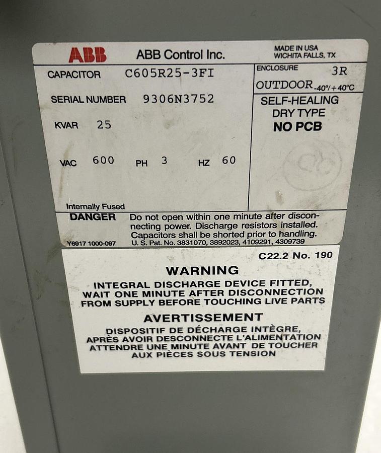 Used ABB,C605R253FI,CAPACITOR 3PH 600V 25KVAR