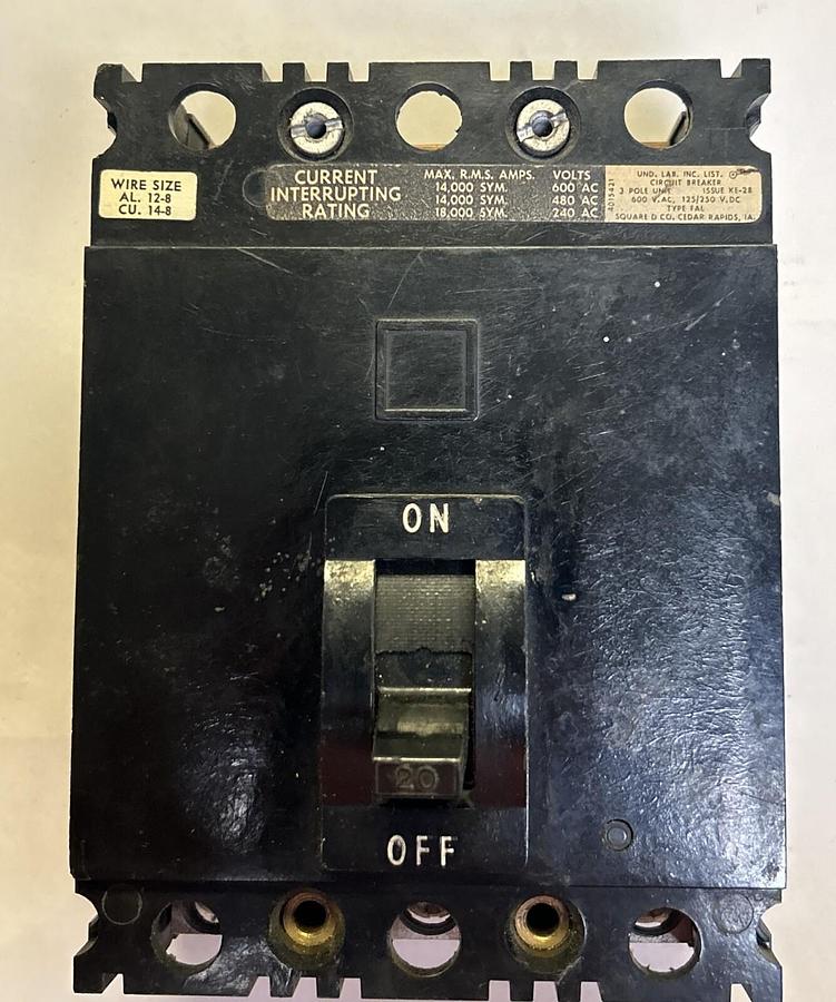 Used SQUARE D,FAP36020,CIRCUIT BREAKER 20A 600V 3P