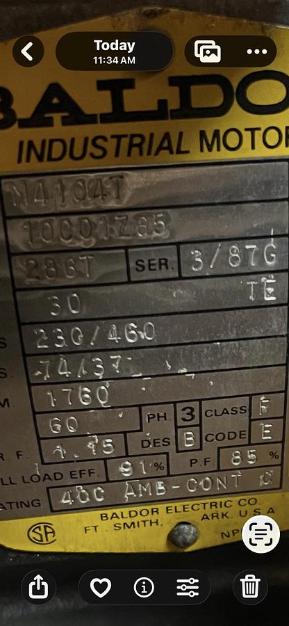 Used BALDOR,M4104T,MOTOR 30HP 3PH 1760RPM 286T