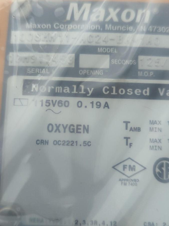 MAXON,100SMM11-AC24-BA-1AD,NORM CLOSED VALVE 125PSI/8.6BAR 115V60 0.19A NOS