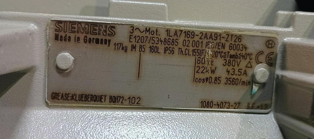 SIEMENS,1LA7169-2AA91-ZT26,MOTOR 22KW 30HP 380V 3560RPM 3PH