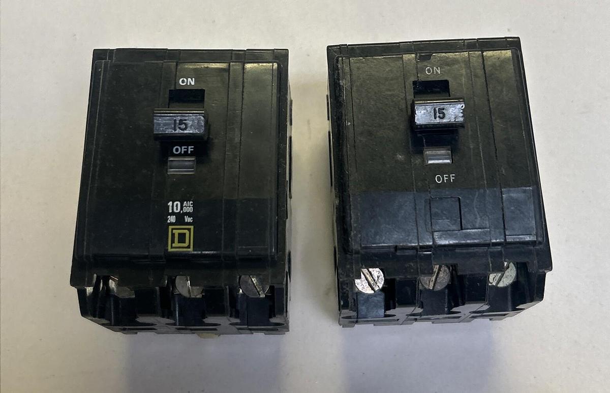 Used SQUARE D,Q0315,CIRCUIT BREAKER 15A 240V 3P LOT OF 2