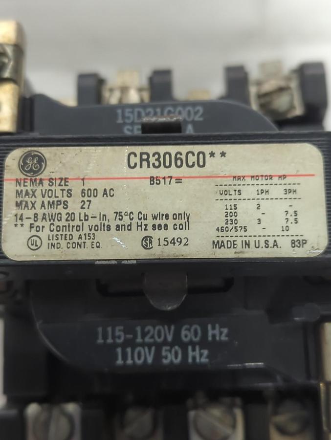 Used GENERAL ELECTRIC,CR306C0,SIZE 1 MOTOR STARTER 27 AMP 600VAC PRE-OWNED