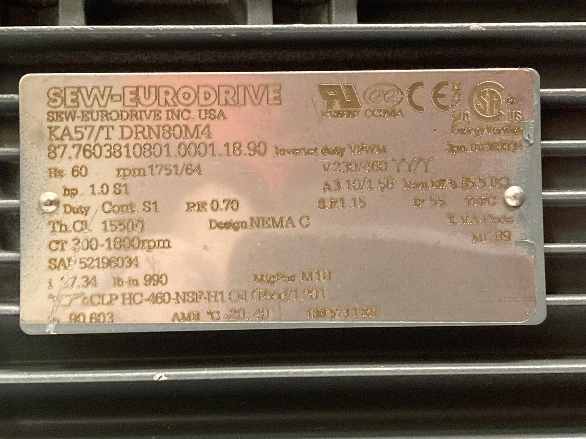 Sew Eurodrive,KA57/T DRN80M4,Gearmotor  1 HP 1751/64 RPM  Ratio 27.34