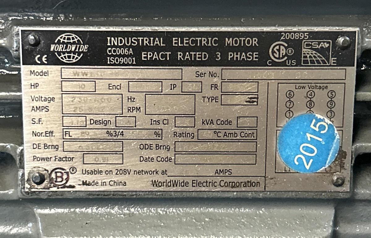 Used WORLDWIDE ELECTRIC,WWE10-18-215,MOTOR 10HP 1760RPM 230/460V 3PH 215T FRAME