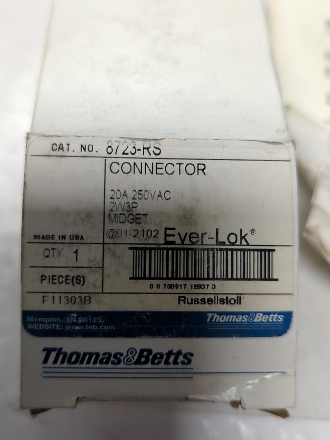 T&B RUSSELLSTOLL,8723-RS,CONNECTOR 20A 250VAC 2W3P MIDGET EVER-LOC NOS