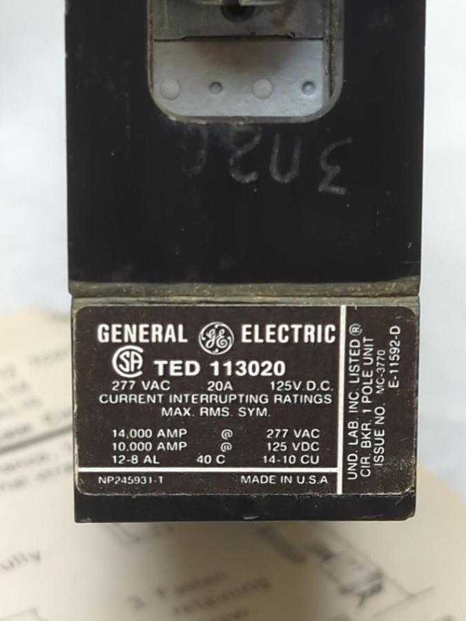 GENERAL ELECTRIC,TED113020WL,CIRCUIT BREAKER 20 AMP 277 VAC NOS