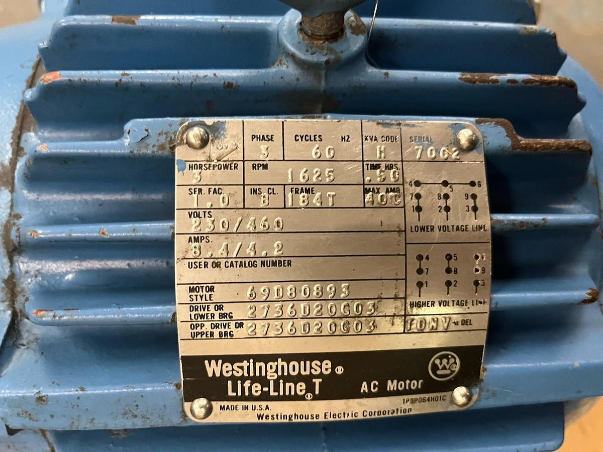 Used WESTINGHOUSE,69080893,LIFE-LINE T BRAKE MOTOR 3HP 1625RPM 3PH 184T