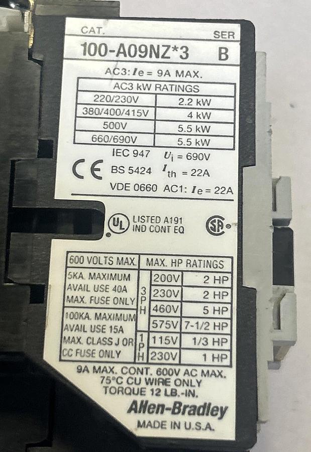 Used ALLEN BRADLEY,100-A09NZ*3,CONTACTOR 24V COIL
