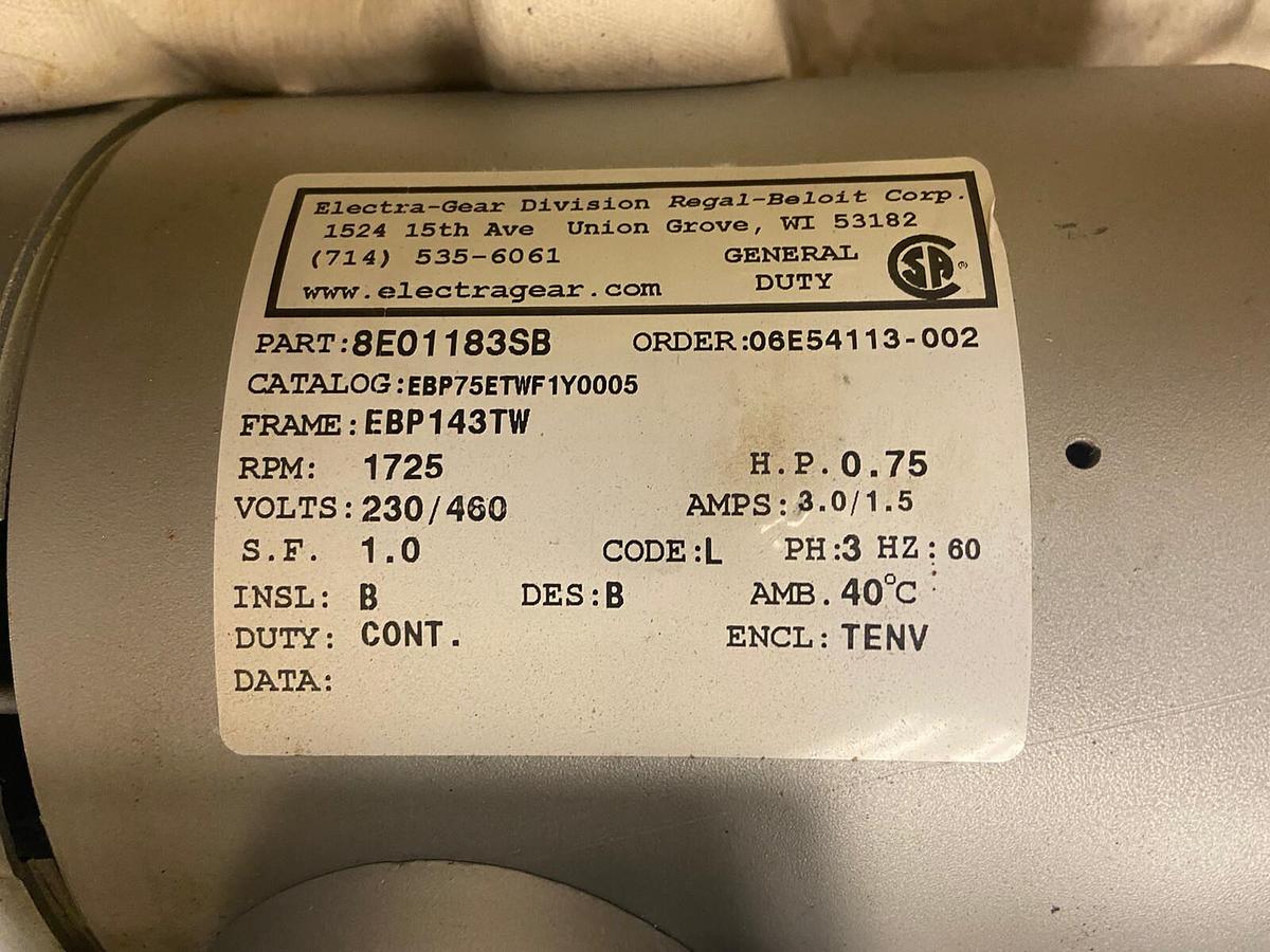 Used Electric-Gear,8E01183SB,3/4hp Crane Brake Motor 1725RPM 230/460V Frame EBP143TW
