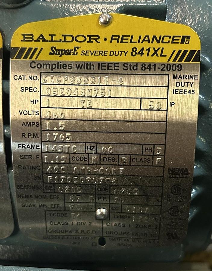 BALDOR,CECP83581T-4,SEVERE DUTY MOTOR 1HP 1765RPM 460V 143TC FRAME NOS