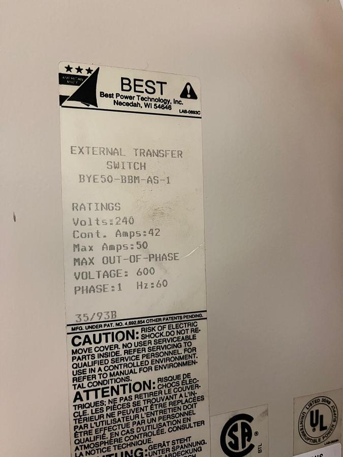 Used BEST POWER,BYE50-BBM-AS-1,EXTERNAL TRANSFER SWITCH 240V 50A 1PH
