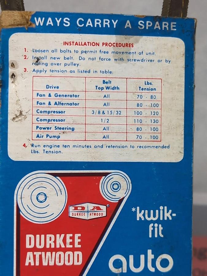 DURKEE ATWOOD,13-482,KWIK FIT AUTO V-BELT NOS