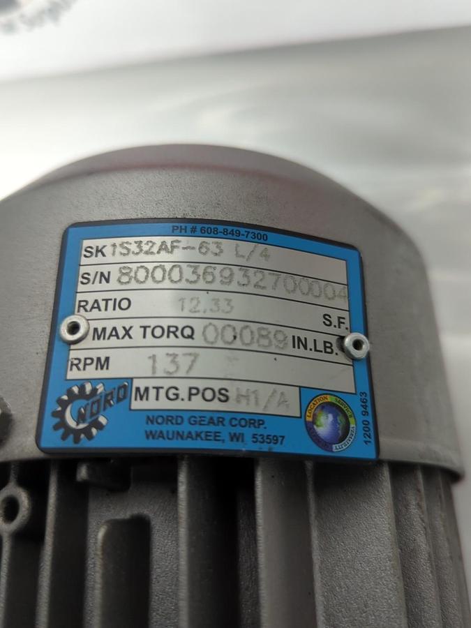 Used NORD,1S32AF-63L14,GEAR REDUCER INPUT 0.18kW RATIO:12.33 RPM 137 PRE-OWNED