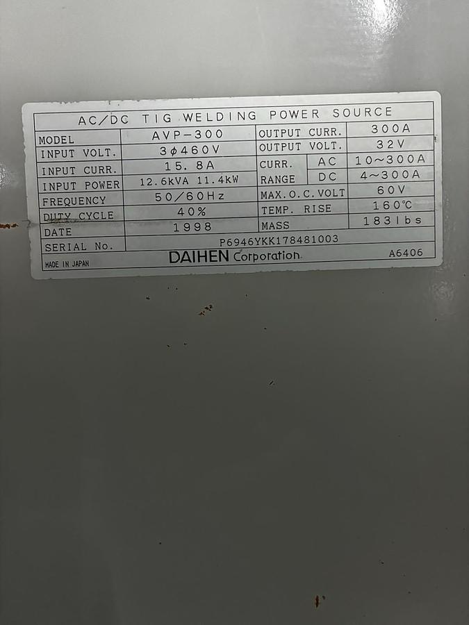 Used OTC DAIHEN,AVP-300,AC/DC TIG WELDING 300P INVERTER WELDER POWER SUPPLY 300A