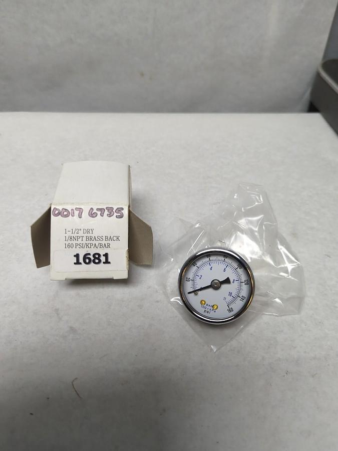 UNBRANDED,1681,1-1/2 INCH DRY BRASS BACK 1/8 NPT GAUGE 160 PSI/KPA/BAR NOS