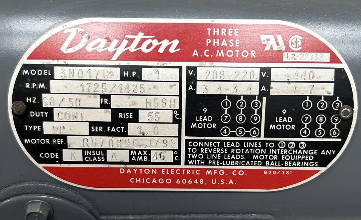 DAYTON,3N017G,AC MOTOR 1HP 1725RPM 208-220V/440V H56H FRAME
