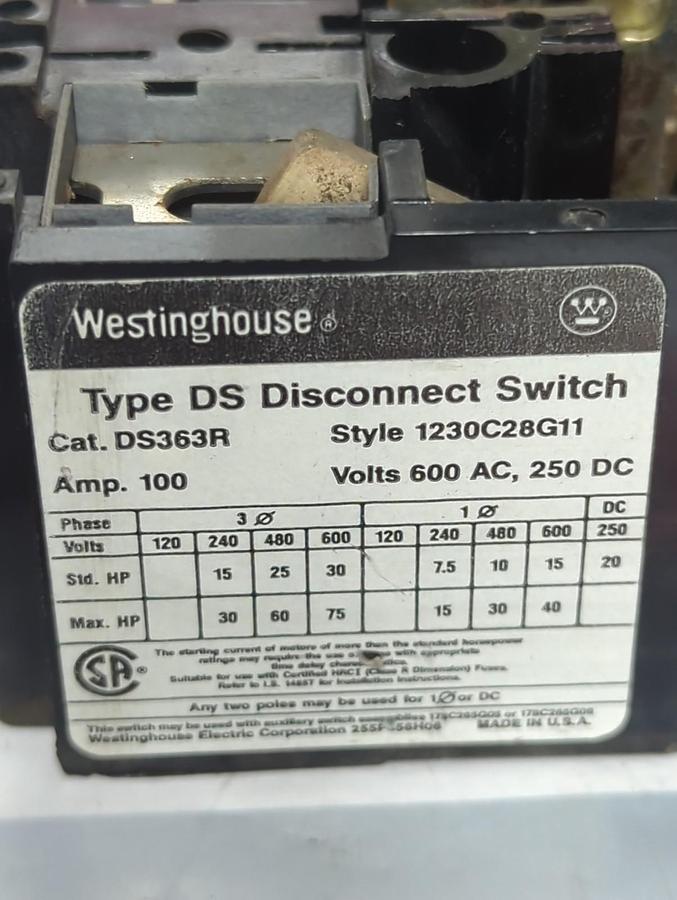 Used WESTINGHOUSE,DS363R,TYPE DS DISCONNECT SWITCH 100 AMP 600VAC 250VAC PRE-OWNED
