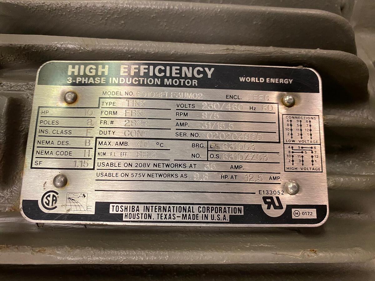 Used TOSHIBA,B0108FLF3UM02 TIKK,10 HP MOTOR 8P 875RPM 230/460V FRAME 284T
