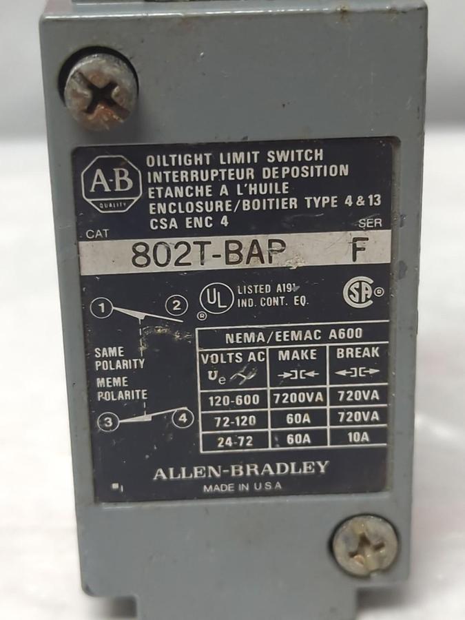 Used ALLEN BRADLEY,802T-BAP,SERIES F OILTIGHT LIMIT SWITCH PRE-OWNED