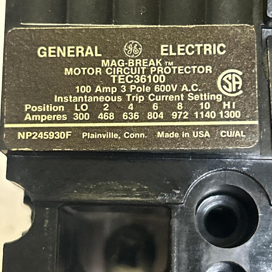 Used GENERAL ELECTRIC,TEC36100,CIRCUIT BREAKER 100A 600V 3P