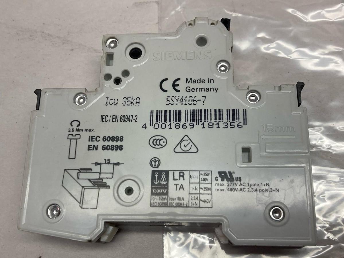 Used Siemens,5SY4106-7,Miniature Circuit Breaker 230/400V 35kA LOT OF 4