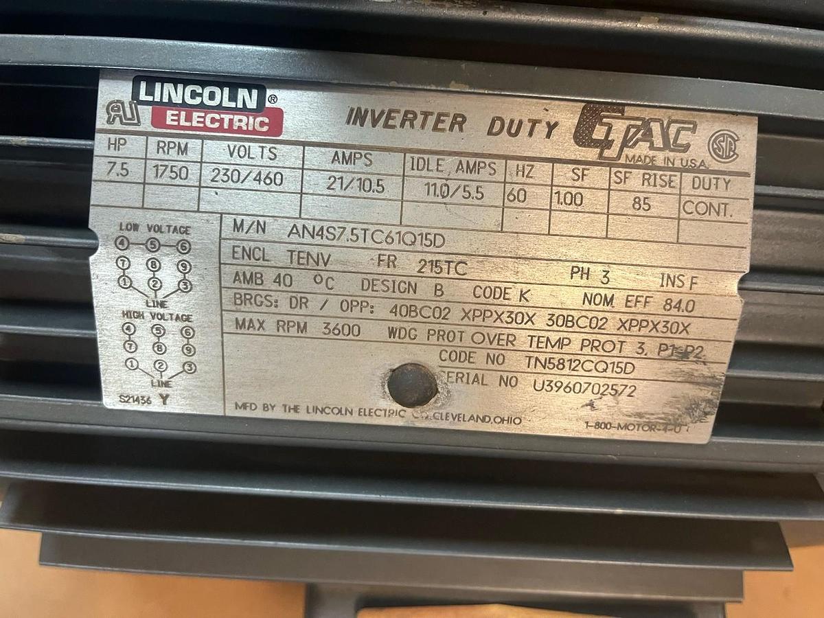 Used LINCOLN,AN4S7.5TC61Q15D,C-TAC INVERTER MOTOR 7.5HP 1750RPM 3PH 215TC