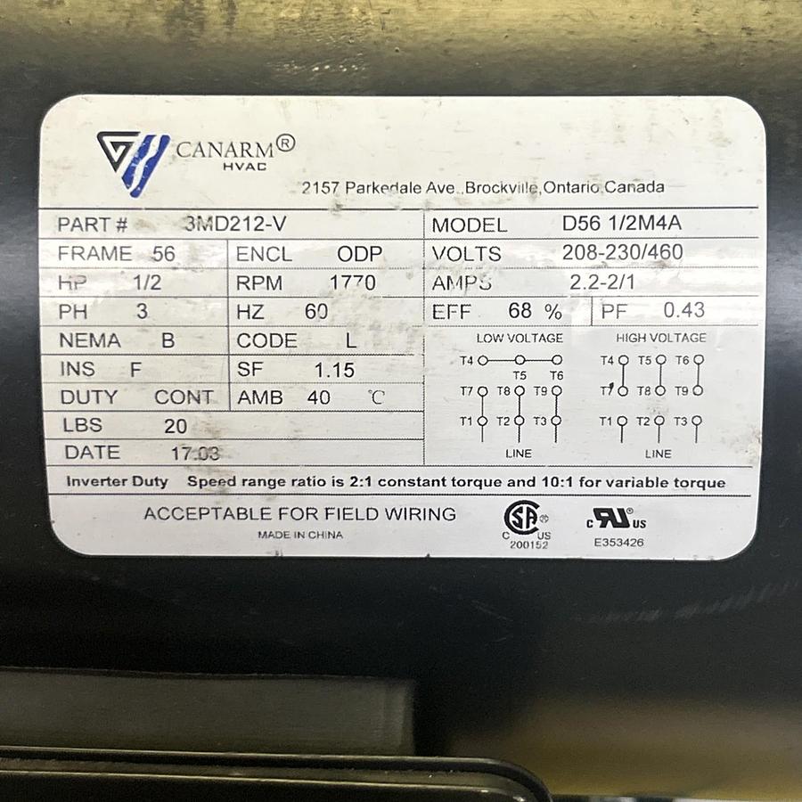 CANARM,3MD212-V,MOTOR 1/2HP 208-230/460V 1770RPM 3PH 56 FRAME NOS
