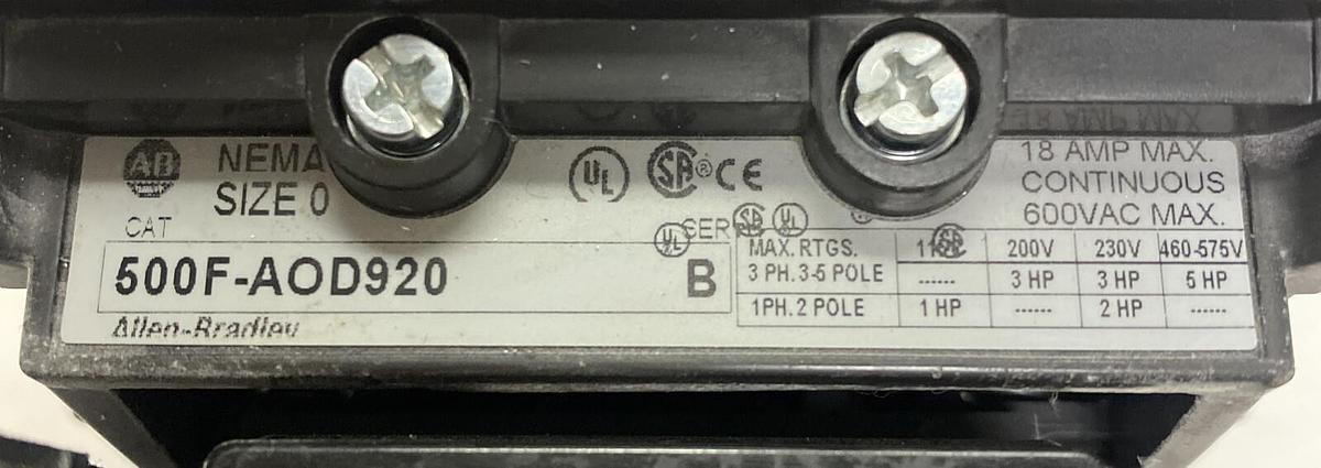 ALLEN BRADLEY,500F-AOD920,SER B SIZE 0 CONTACTOR 18A 600V NEW NO BOX