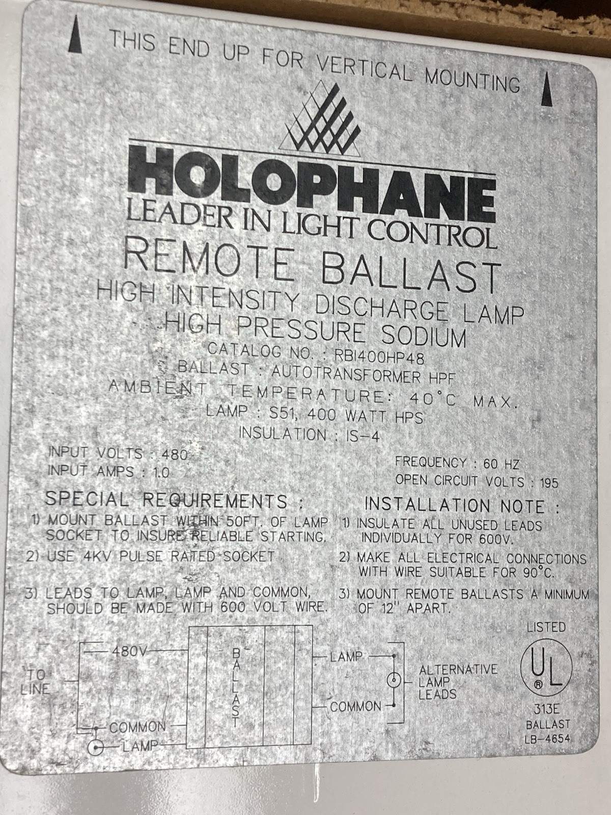 Holophane,RBI400HP48,High Intensity Discharge Lamp Remote Ballast 400Watts