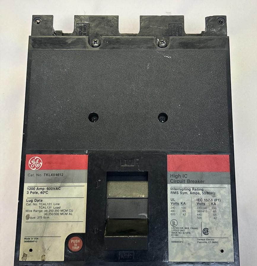 Used GENERAL ELECTRIC,TKL4V4612,HIGH IC CIRCUIT BREAKER 1200A 600V 3P