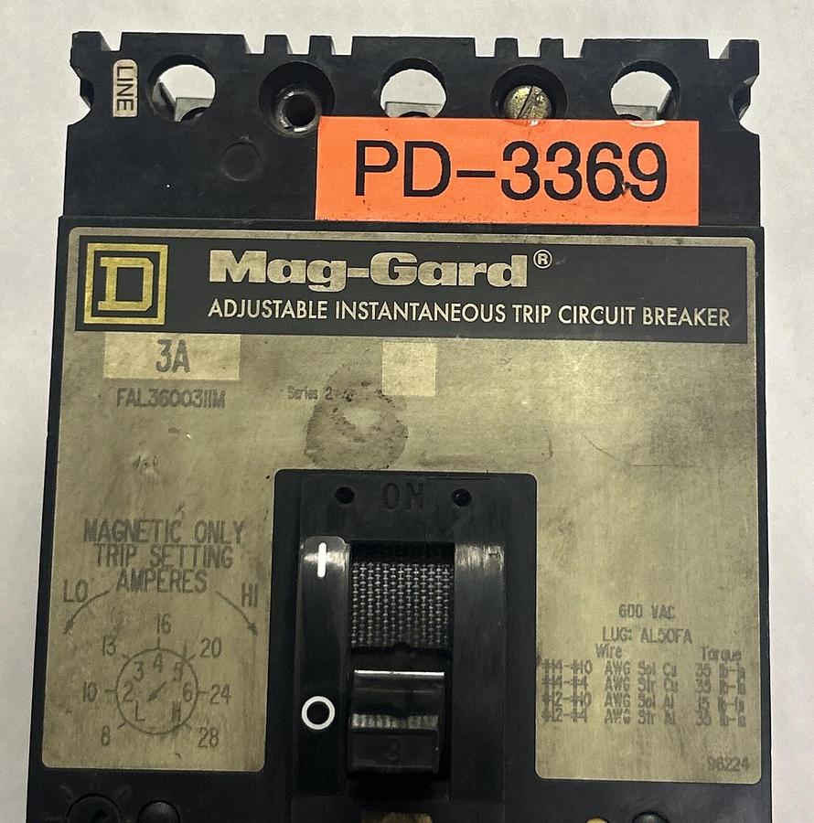 Used SQUARE D,FAL36003IIM,CIRCUIT BREAKER 3A 600V 3P