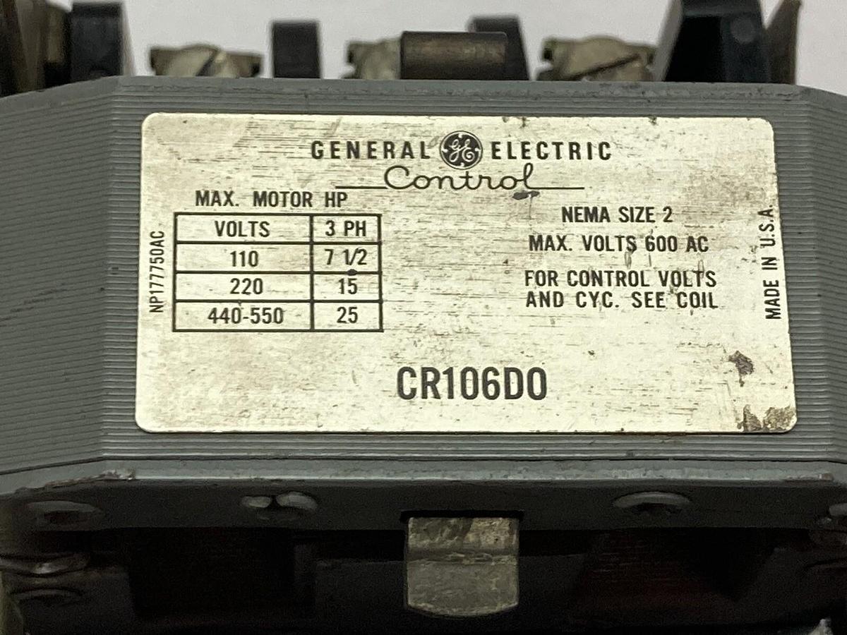 Used General Electric,CR106C0,Nema Size 2 Contactor 600VAC