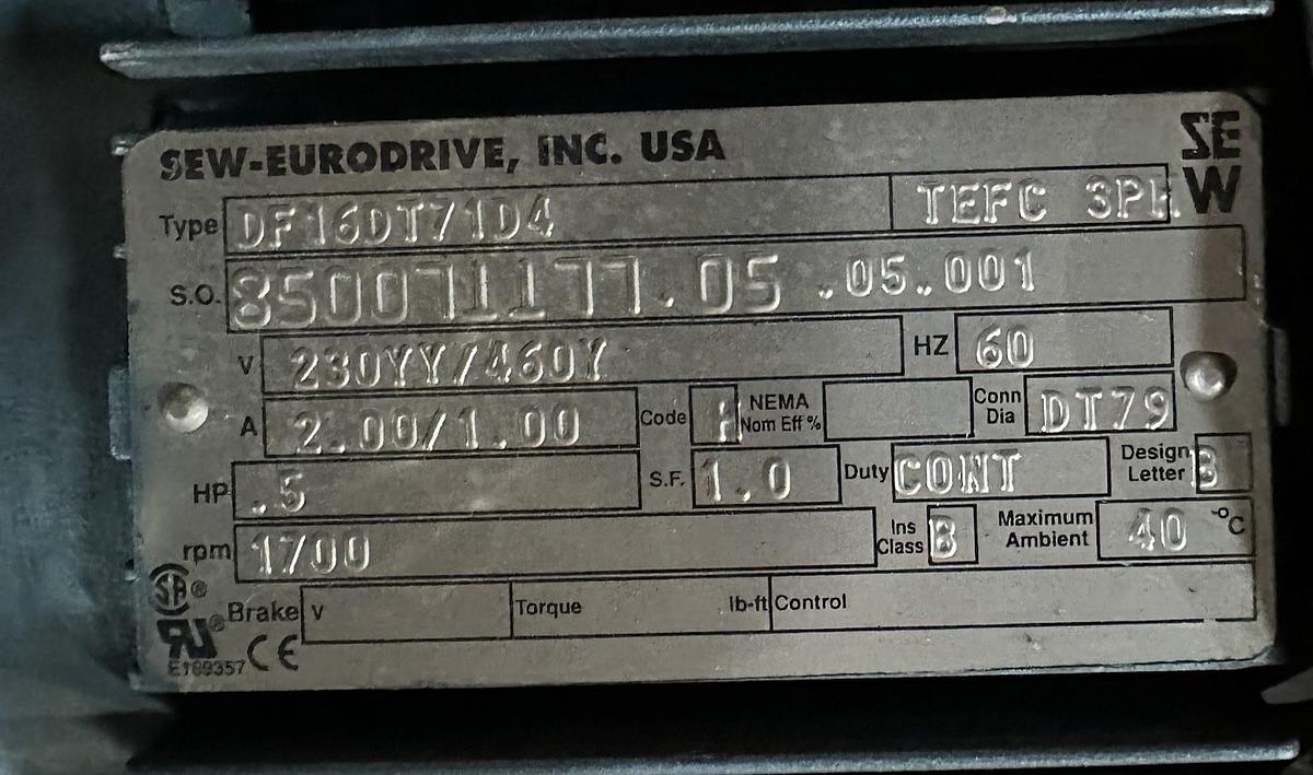 Used SEW-Eurodrive,S47D16DT71D4,Gearmotor Ratio 201.00 Torque 1440 Lb-In 2.1-10 RPM