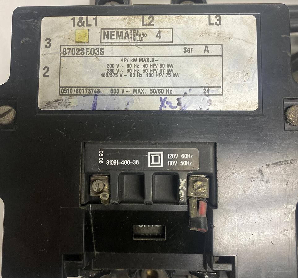Used SQUARE D,8702SF03S1,SER A SIZE 4 REVERSING CONTACTOR 600V