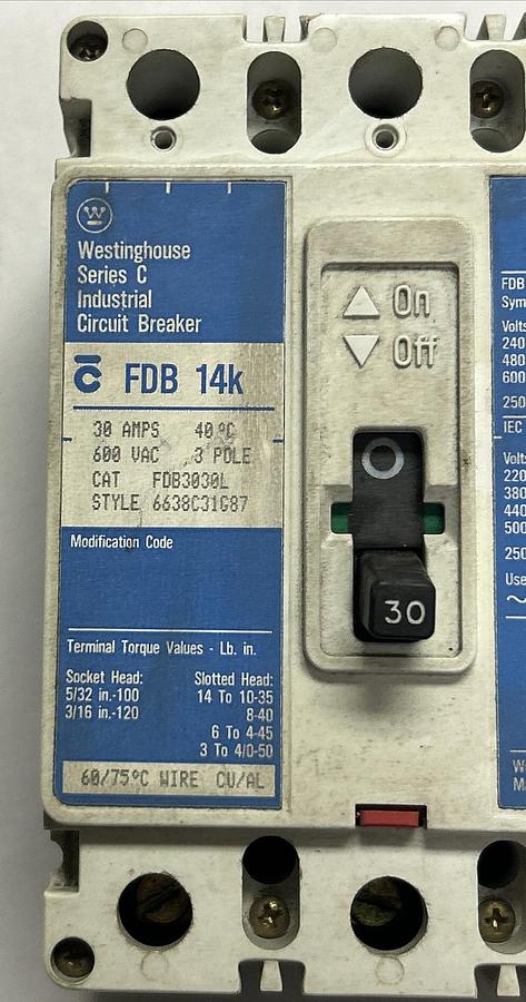 Used CUTLER -HAMMER WESTINGHOUSE,FDB3030L, CURCUIT BREAKER 30A 600V 3P