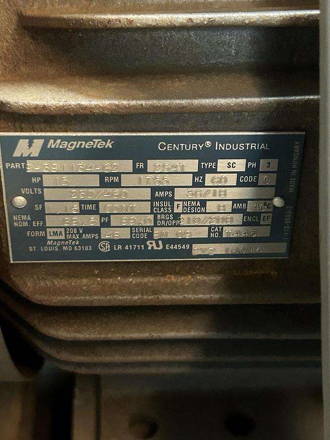Used MAGNETEK,9-391134-62,MOTOR 15HP 230/460V 1755RPM 3PH 254T FRAME
